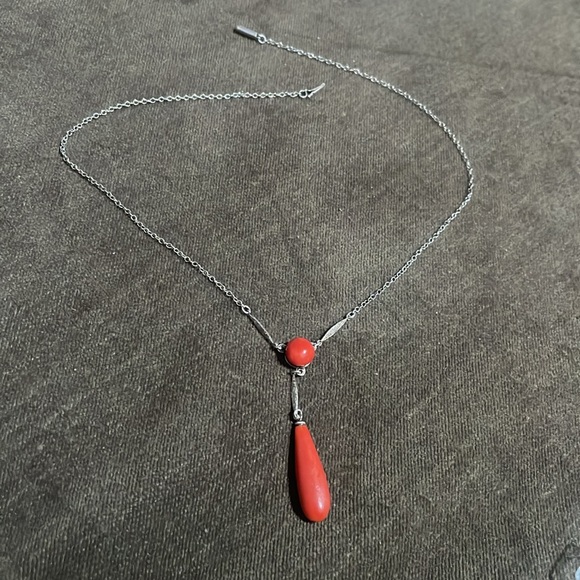 Sterling Vtg real solid Silver Red Carnelian Lavalier Necklace 16” Fine Jewelry